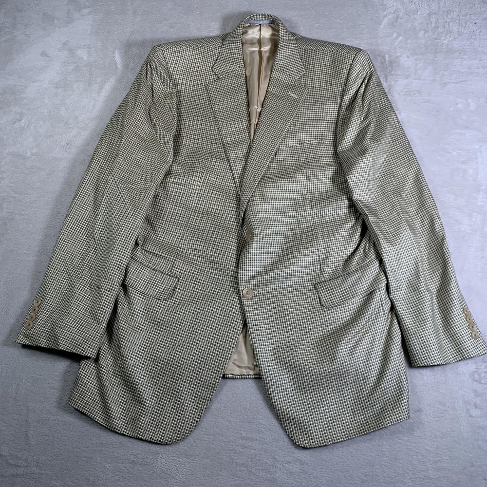 Hickey Freeman Blazer Mens 44 Long Houndstooth Silk Wool Vanguard Tan Side Vents